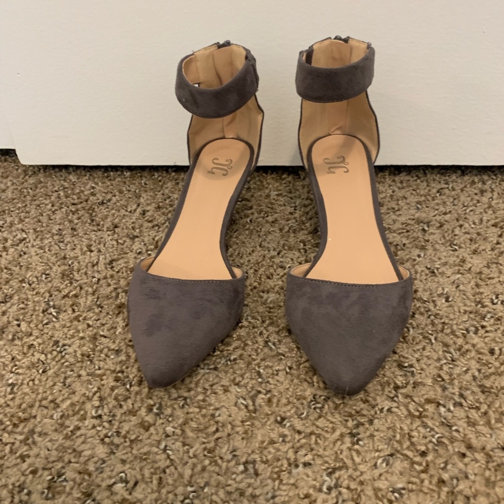 Grey suede wedge heel with ankle strap